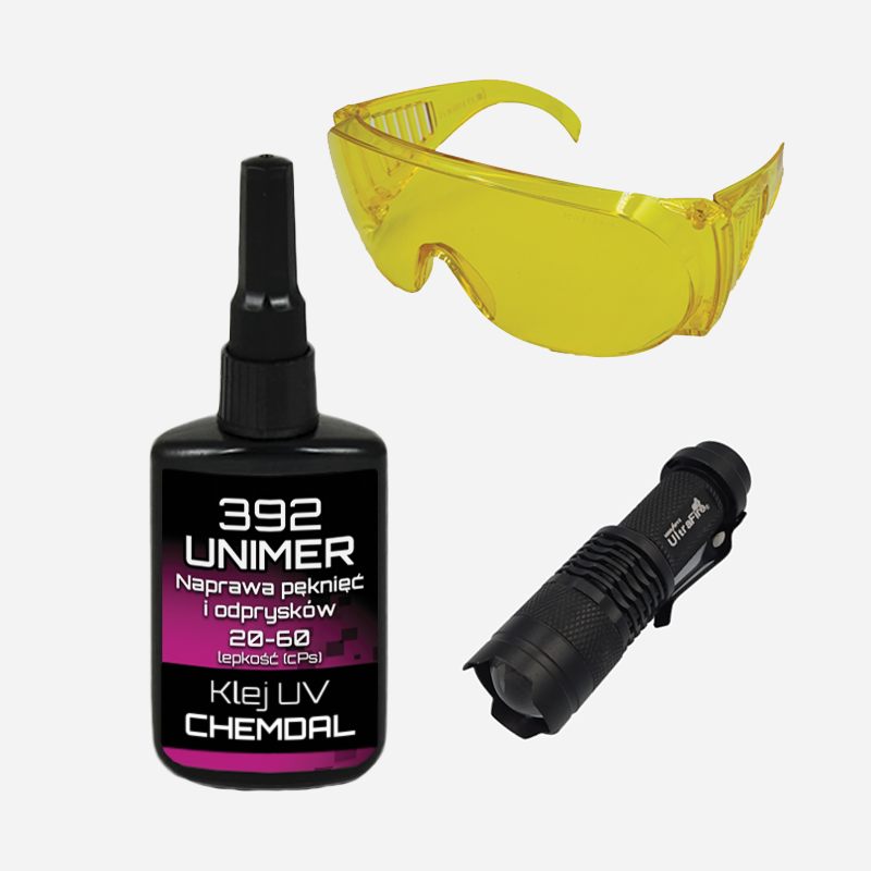 Zestaw do naprawy pęknięć na szybach Klej UV Unimer 392 25 ml + Latarka UV 3W do utwardzania kleju + Okulary ochronne